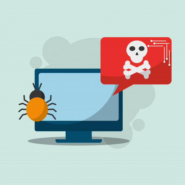 A drawing of a computer screen with a bug crawling on it and a speech box with a skull on it; depicts a DDoS attack