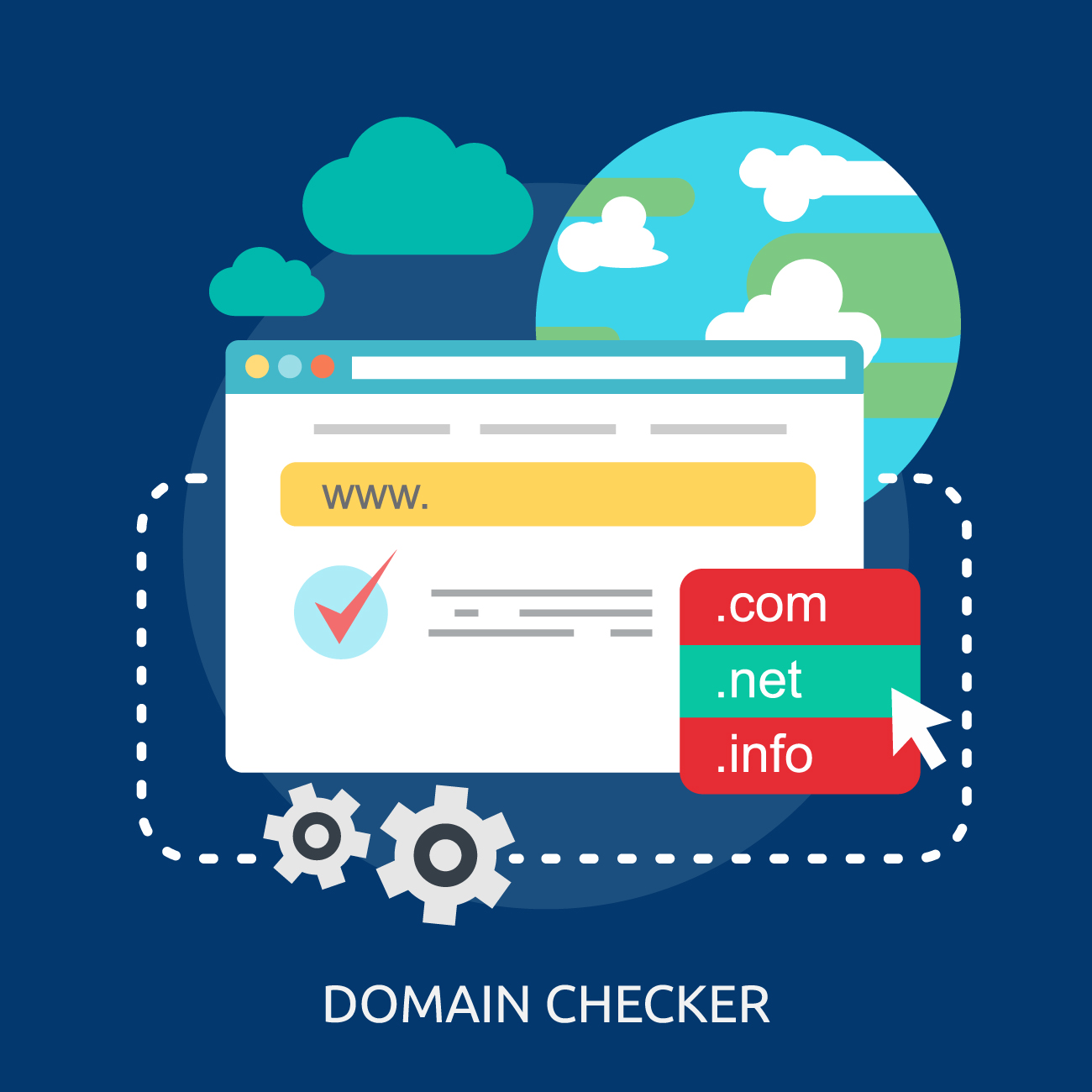 An illustration of a domain name checker, with a globe, web browser window and more.