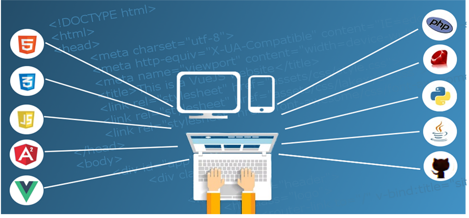 An illustration of hands, laptop, and different logos popping on either side